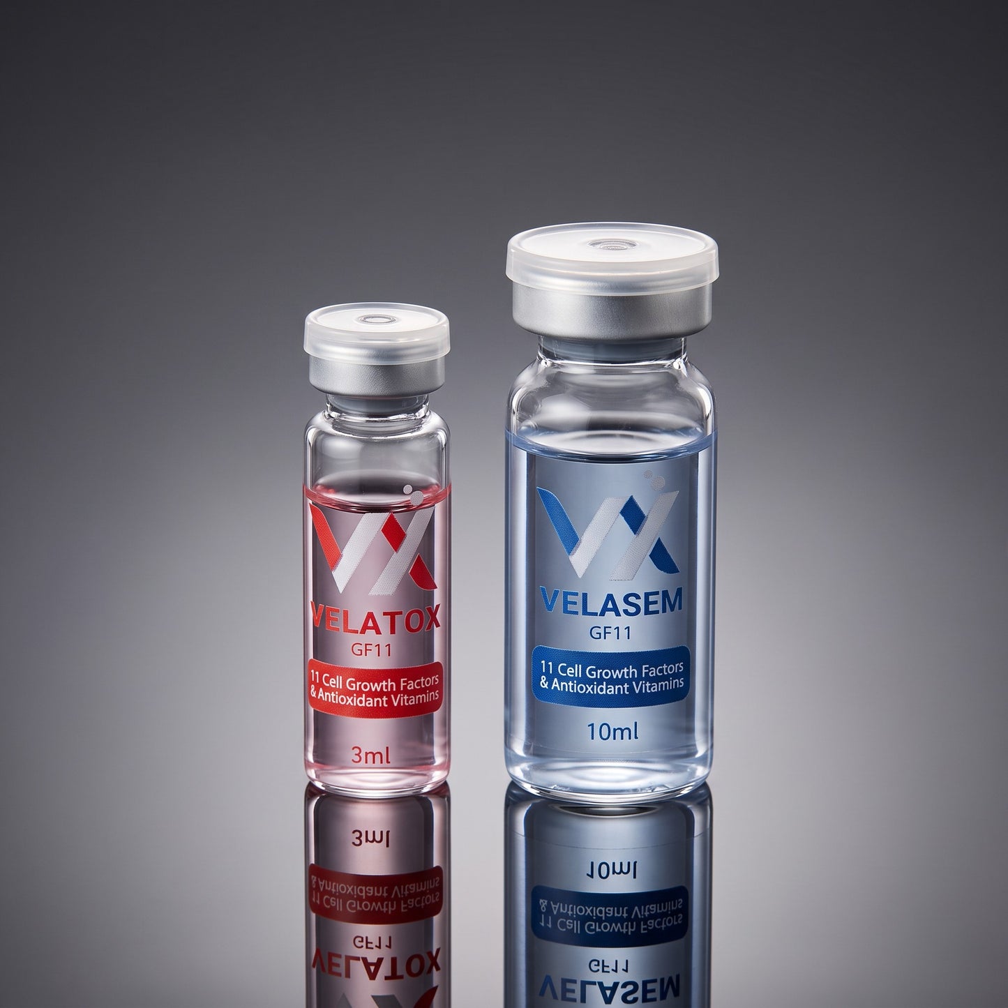 DIY Skincare Lab™ Velatox GF11 and Vellasem vials featuring growth factor peptides and antioxidant vitamins