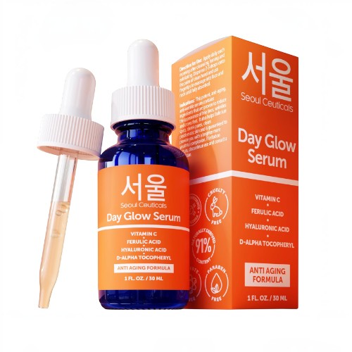 DIY Skincare Lab™ SeoulCeuticals Day Glow Serum bottle and orange box featuring Vitamin C and hyaluronic acid