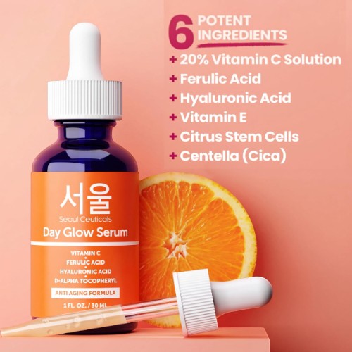 DIY Skincare Lab™ SeoulCeuticals Day Glow Serum bottle with dropper, featuring Vitamin C and orange slice background