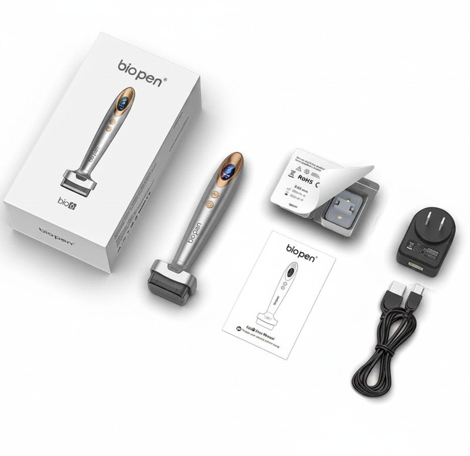 DIY Skincare Lab Bio Pen Bio6 electric microneedling stamp with LED and vibration, silver and gold accents.