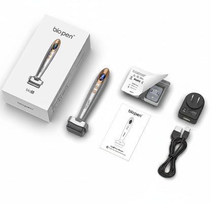 DIY Skincare Lab Bio Pen Bio6 electric microneedling stamp with LED and vibration, silver and gold accents.