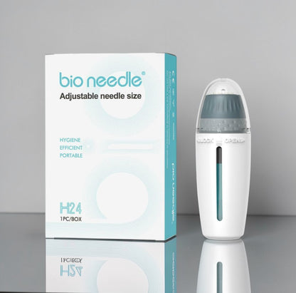 DIY Skincare Lab Bio Needle H24 Hydra Derma Stamp with adjustable needle size and integrated ampoule system.