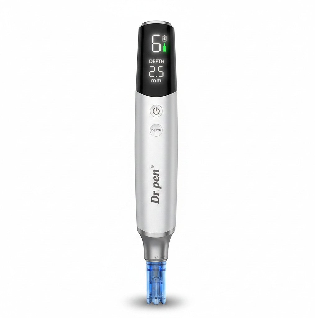 DIY Skincare Lab Dr. Pen M9 Pro, a white and silver microneedling pen with a digital display showing speed and depth settings.