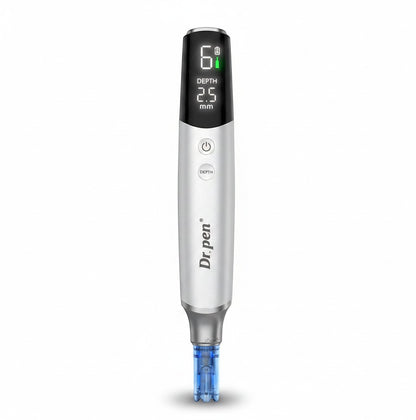 DIY Skincare Lab Dr. Pen M9 Pro, a white and silver microneedling pen with a digital display showing speed and depth settings.