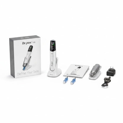 DIY Skincare Lab Dr. Pen M9 Pro, a white and silver microneedling pen with digital display, shown with accessories and packaging.