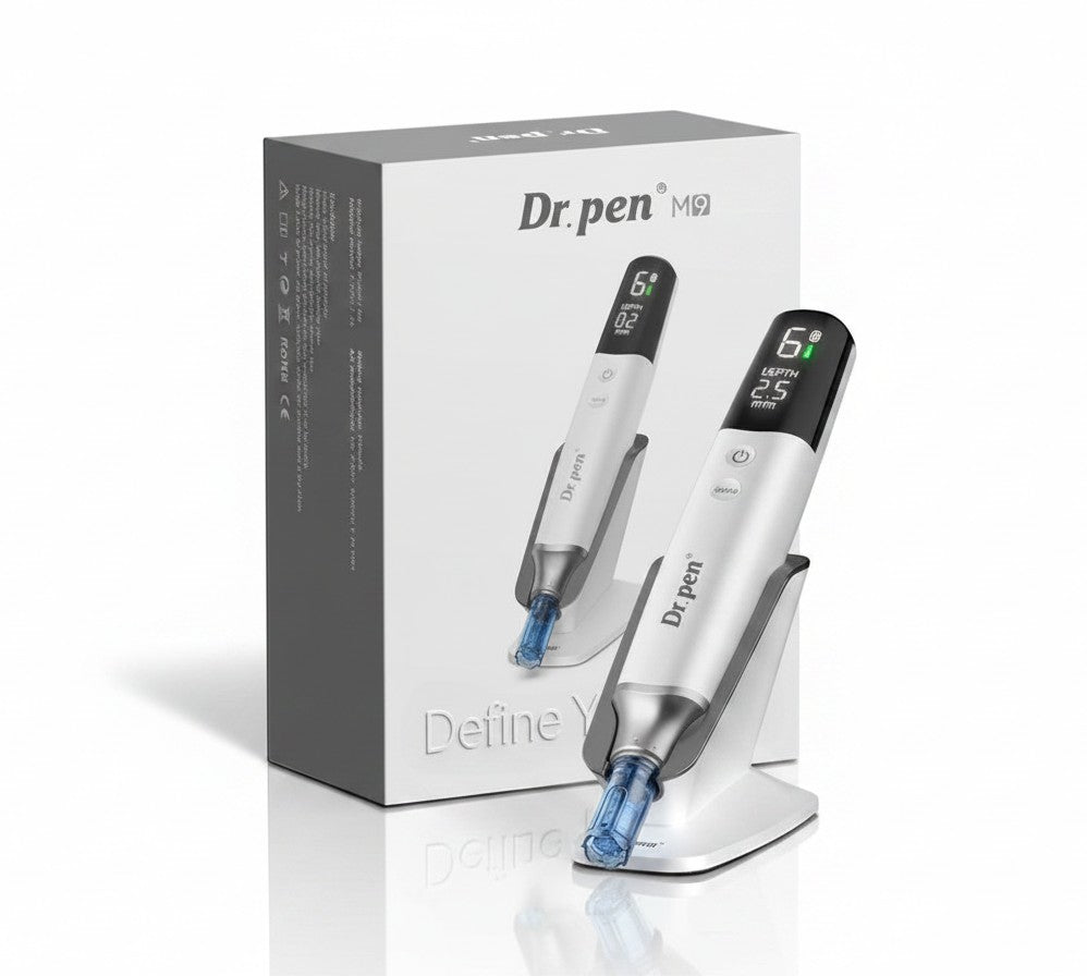 DIY Skincare Lab Dr. Pen M9 Pro white and silver microneedling pen with digital display and blue cartridge on a stand.