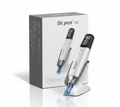 DIY Skincare Lab Dr. Pen M9 Pro white and silver microneedling pen with digital display and blue cartridge on a stand.