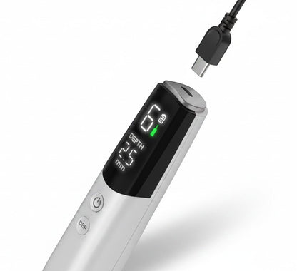 DIY Skincare Lab Dr. Pen M9 Pro with digital display showing speed 6 and depth 2.5mm, USB-C charging.