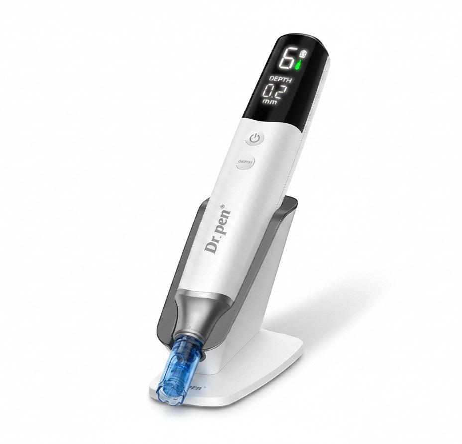 DIY Skincare Lab Dr. Pen M9 Pro white and black digital skincare pen with adjustable depth settings on a stand.