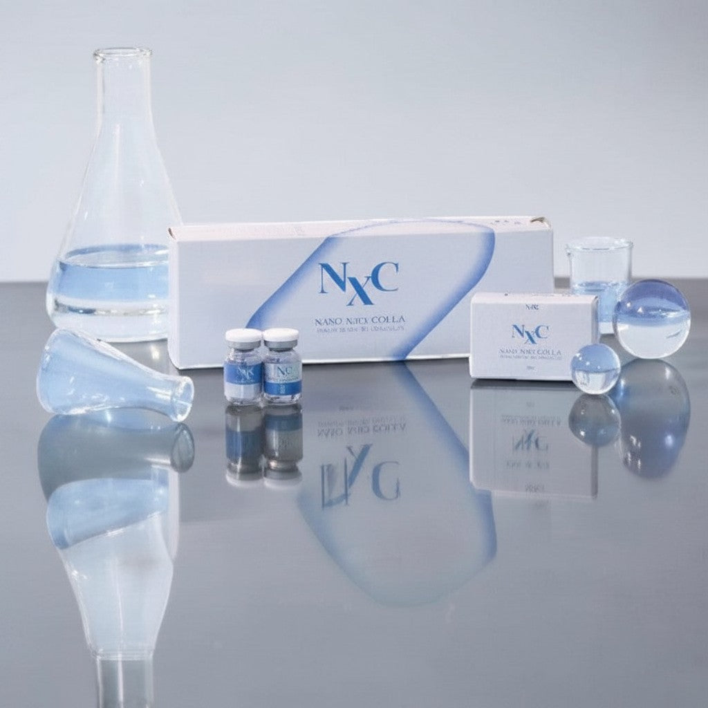 DIY Skincare Lab NXC NAD+ EXO COLLA conditioning skin booster set with vials, boxes, and lab glassware.
