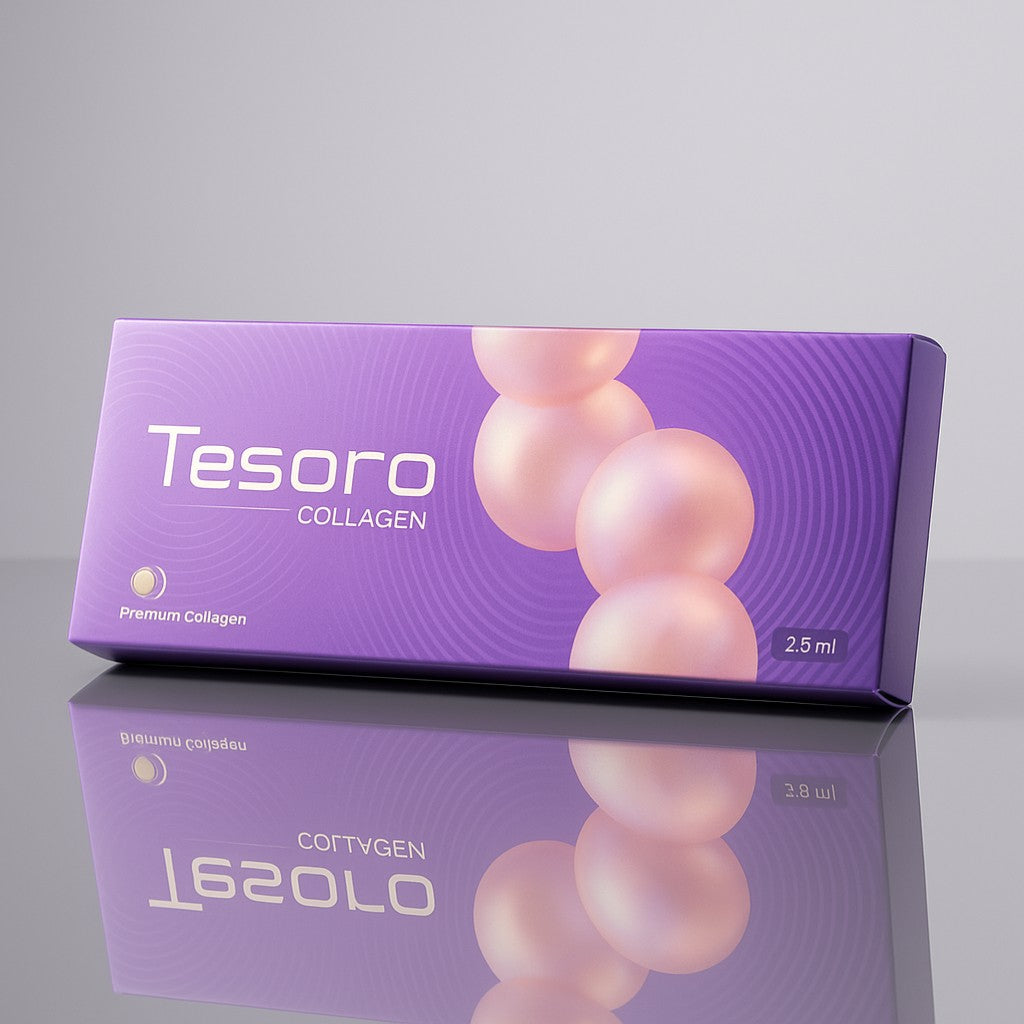 DIY Skincare Lab Tesoro Collagen supplement box with pearlescent spheres on a lavender background.